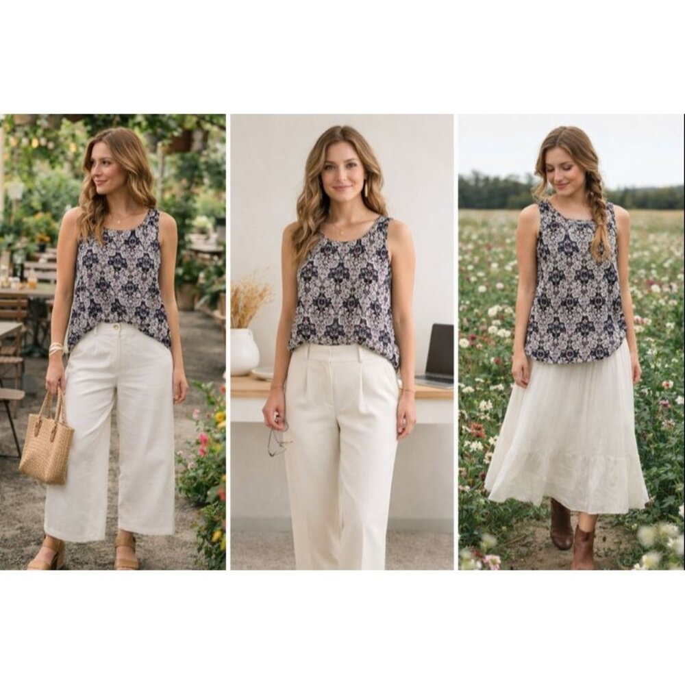 Naïf Women Sleeveless Floral Top Navy Beige L Boho Quiet Luxury Cottagecore